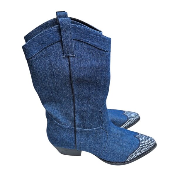 Karl Lagerfeld Blue Denim Rhinestone Lakota Boots - Picture 3 of 6